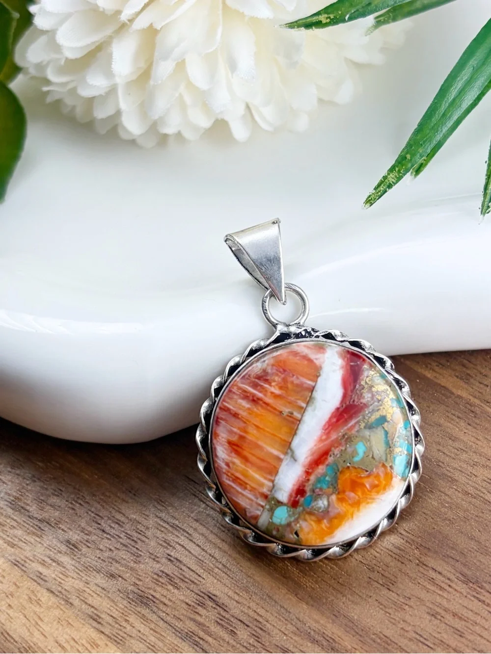 New Southwest Round Oyster Copper Turquoise Pendant 925 Sterling Silver Overlay